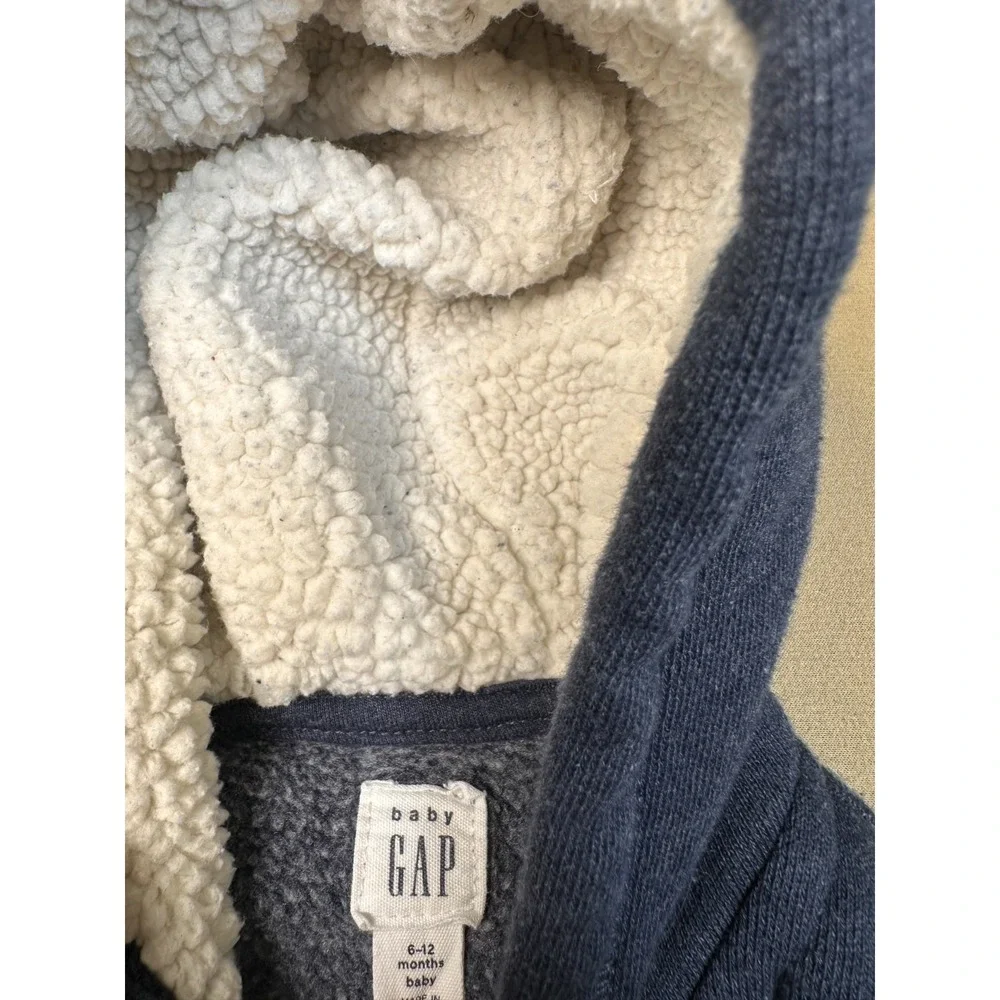 GAP Baby One Piece Zip Bear Hoodie Logo Blue 2019 Long Sleeve Fleece 6-12 Month